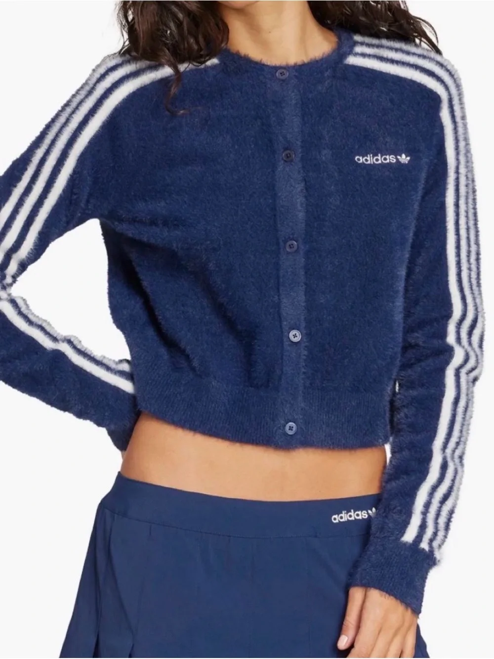 adidas Navy Fuzzy Button Cardigan with White Stripe Details